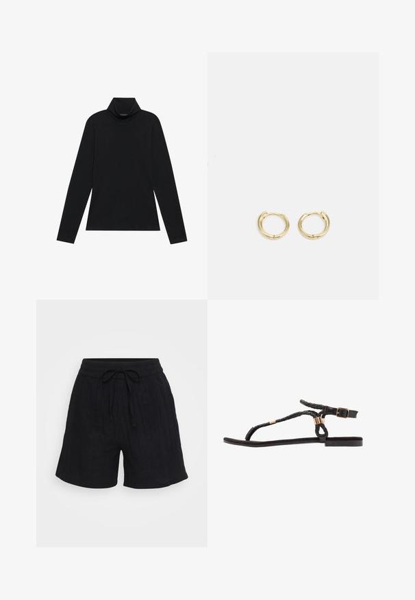 Black long-sleeve turtleneck. Soft fabric, fitted design, high collar, and side seams. Simple and versatile style suitable for layering.; Black linen shorts with an elastic waistband, adjustable drawstring, and subtle vertical texture. Relaxed fit, mid-thigh length.; Black flat sandals with woven straps, gold-tone accents, and a minimalistic design featuring a slim sole and adjustable ankle buckle.; Gold hoop earrings with a smooth, rounded design. Features a small hinge closure, lightweight appearance, and a polished finish.