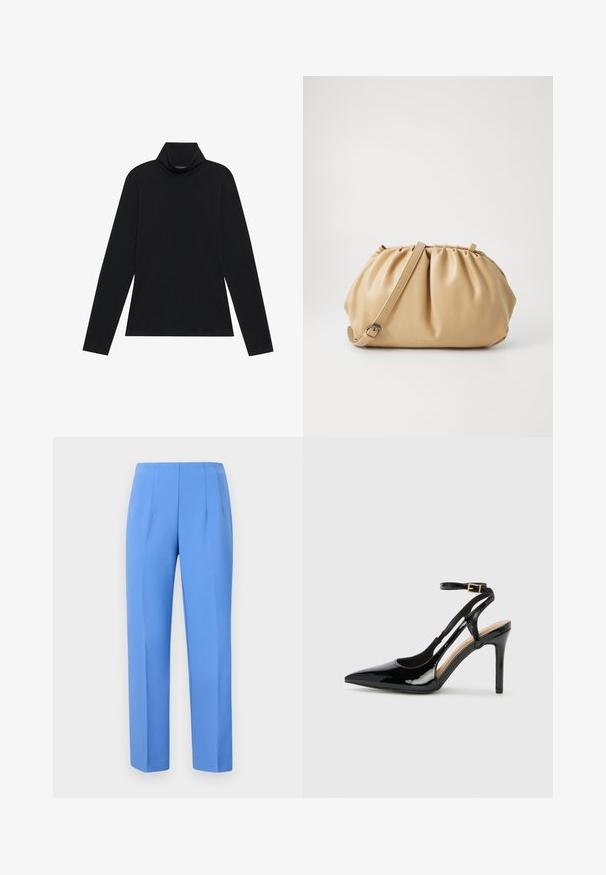 Svart langermet genser med høy hals. Myk stoff, tettsittende design, høy krage og sidesømmer. Enkelt og allsidig stil som er egnet for lagdeling.; Blå skreddersydde bukser laget av glatt stoff med sidelagsfeller, med rett snitt og en ren midje. Ingen synlig maskinvare eller mønstre.; Svart lakkert høye hæler med åpen bakside og spiss tå, justerbar ankelrem og åpne sider. Jevn tekstur.; Brun lærveske med plisse-design, justerbar stropp og avrundet form. Minimalistisk merkevare på frontflaten.