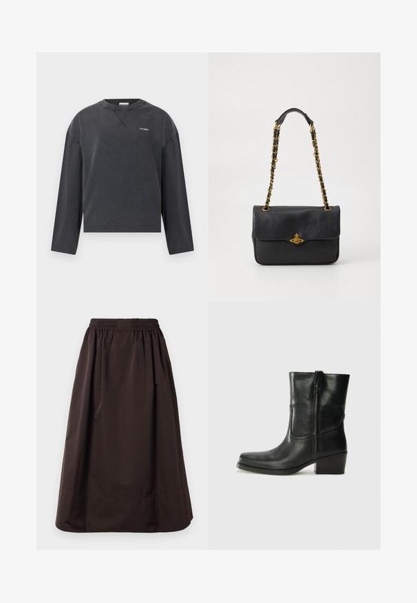 CLOSED CREWNECK LONGSLEEVE - Ilgarankovis viršutinės dalies drabužis - black; Ruda midi ilgio sijonas su elastinga juosmena ir plačiu apvadu, pagamintas iš lygaus audinio su subtiliomis klostėmis po juosmeniu.; Juodi odiniai aulinukai iki kulkšnies su apvali nosimi, blokuotais kulnais, šonine užtrauktuku ir siuvimo akcentais ant viršutinės dalies. Lygi tekstūra, klasikinis dizainas.; Juodas odinis rankinukas su užlenkiama sklende, auksinės spalvos grandinėlė ir logotipo detalių dekoracija priekyje. Lygi tekstūra.