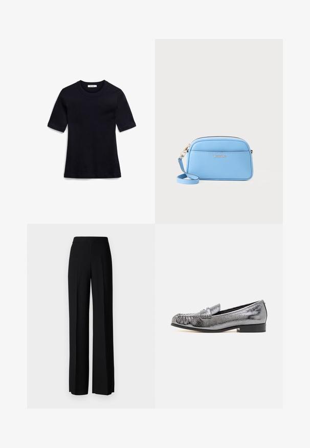 Navy blue short-sleeve t-shirt made of soft fabric. Features a ribbed crew neck and straight hem, with simple, unembellished design.; Black wide-leg trousers with a smooth texture, featuring a high waistband and center pleats. No visible patterns or hardware details.; Metallic silver leather loafer with a textured finish, featuring a fringe detail and a low black heel. Classic and streamlined shape.; Light blue leather crossbody bag with gold-tone hardware, zip closure, and a front pocket. Features an adjustable strap for convenience.