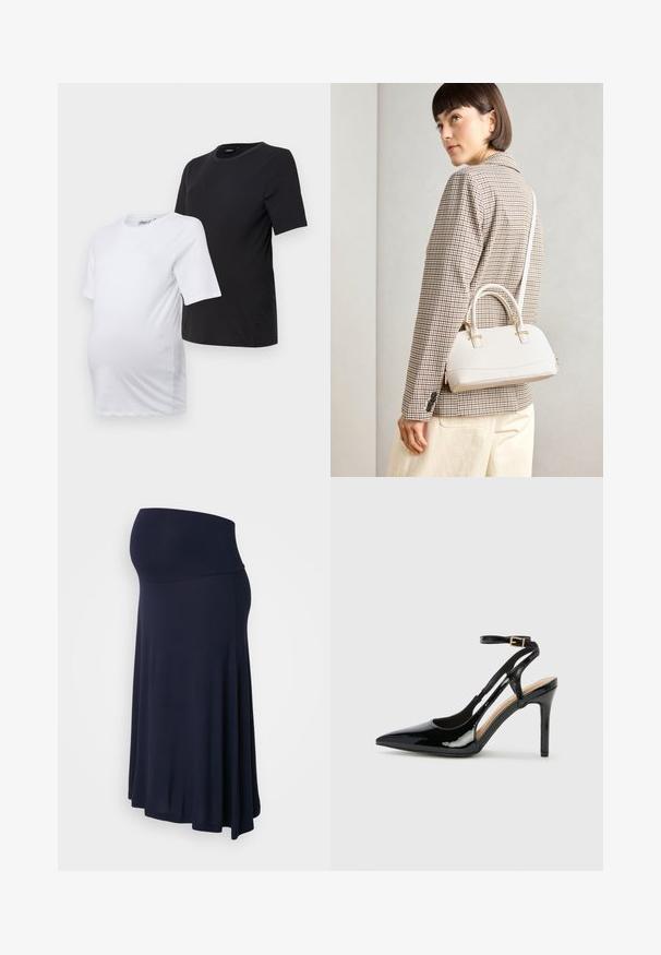 Deux t-shirts de maternité à manches courtes : un en blanc et un en noir. Les deux présentent un col rond et un tissu en coton doux et lisse pour le confort.; Jupe de maternité en bleu marine, confectionnée dans un tissu doux et extensible. Elle dispose d'une taille haute et d'un design évasé.; Escarpin en cuir verni noir à talon haut, avec un bout pointu, une bride réglable à la cheville et des côtés ouverts. Texture lisse.; Sac à main structuré blanc avec de courtes poignées et une bandoulière, doté de accents en métal doré et d'un matériau texturé, présenté sur un fond gris.; Ensemble de cinq bagues en argent aux designs variés, comprenant une bague ornée d'une rangée de pierres claires. Fini en métal lisse et réfléchissant.
