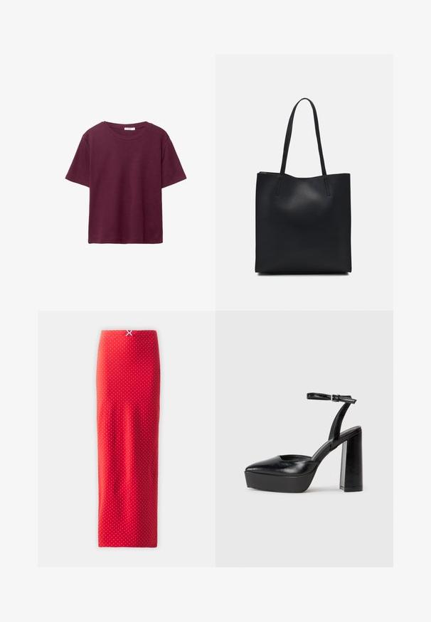 T-shirt bourgogne à manches courtes en coton doux. Présente un col rond classique et une coupe décontractée. Texture unie, sans motifs ni accents.; Jupe midi rouge à pois fabriquée en tissu lisse, dotée d'une silhouette ajustée et d'un détail au dos avec un petit nœud blanc à la taille.; Escarpins noirs à plateforme avec un bout pointu et une sangle réglable à la cheville. Conçus en cuir lisse, avec un large talon bloc.; Sac fourre-tout en cuir noir avec une texture lisse, de forme rectangulaire et deux longues poignées. Pas de matériel ou d'ornementations visibles.