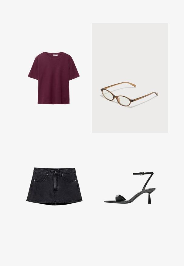 Bordo kratka majica z dolgimi rokavi iz mehkega bombaža. Ima klasičen krogec za vrat in sproščen kroj. Enostavna tekstura, brez vzorcev ali dodatkov.; Črna denim krilo z oprijetim pasom, pet žepnim oblikovanjem, tradicionalnim gumbom in zadrgo ter rahlo razširjenim robom.; Bershka Sandali z visoko peto - black; Rjavo želvovina očala z ovalnimi lečami, tankimi ročaji in prosojnimi detajli. Imajo subtilen logo na templetu. Eleganten, lahek dizajn.; Bordo usnjeni ročni torbici s mehak, nabrana zasnova in okrogla oblika. Ročaj je varen in prikazuje gladko teksturo.