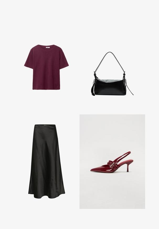 Vínová krátkosrstá trička vyrobené z měkké bavlny. Má klasický kulatý výstřih a volný střih. Hladký povrch, bez vzorů nebo akcentů.; Černá saténová sukně s hladkou texturou, A-čkový střih a jemný lesk. Obsahuje zakřivený lem a jednoduchý design pasu.; Červené lakované kožené lodičky na podpatku s špičatou špičkou, dvěma přezkami a štíhlým, středně vysokým jehlovým podpatkem. Hladký povrch.; Černá kožená kabelka s zakřiveným ramenním popruhem, hladkým povrchem, obdélníkovým tvarem, zipovým uzavřením a stříbrnými kovovými detaily.