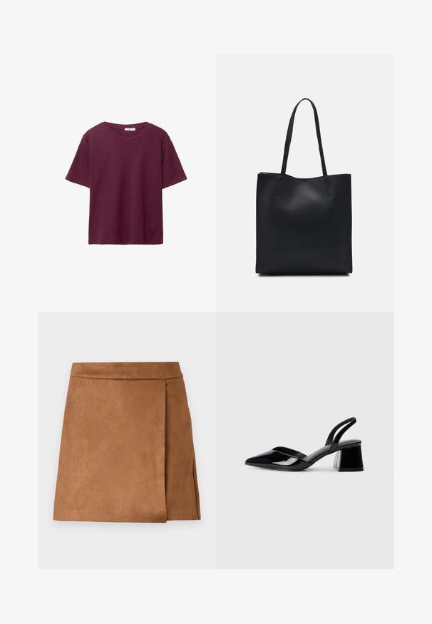 Burgundské tričko s krátkym rukávom vyrobené z jemnej bavlny. Má klasický okrúhly výstrih a voľný strih. Jednoduchá textúra, bez vzorov alebo akcentov.; Hnedá semišová mini sukňa s obvodovým dizajnom, s hladkou textúrou a čistým zakončením na leme. Žiadne viditeľné kovanie alebo akcenty.; Čierne lakované kožené sandálové podpätky s špicatou špičkou a geometrickým blokovým podpätkom. Disponujú elegantným, minimalistickým dizajnom a hladkým povrchom.; Čierna kožená taška na rameno s hladkým povrchom, obdĺžnikovým tvarom a dvoma dlhými uchami. Bez viditeľného kovania alebo ozdôb.