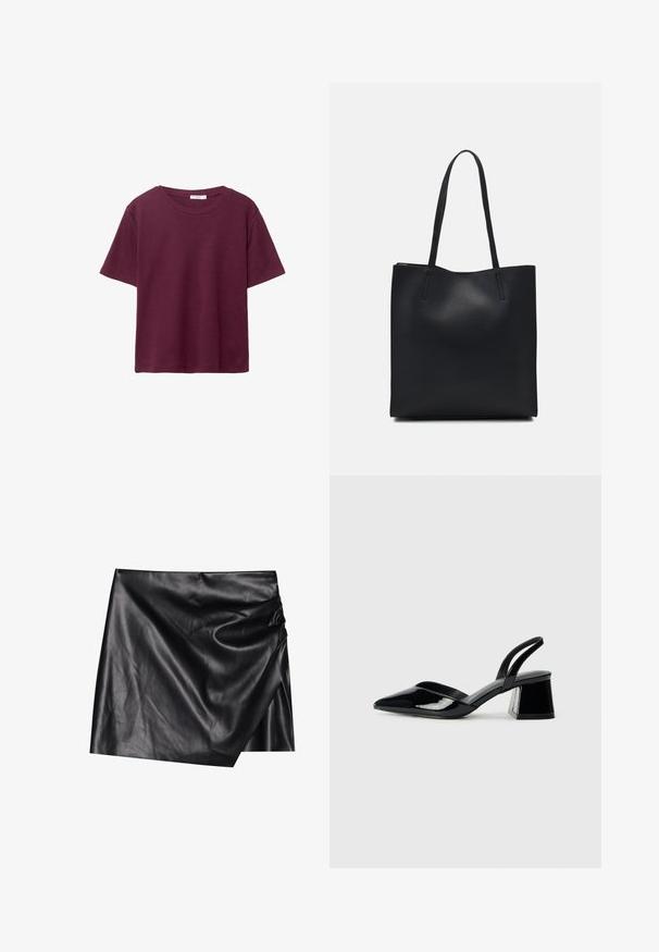 Bordowa koszulka z krótkim rękawem wykonana z miękkiej bawełny. Posiada klasyczny okrągły dekolt i luźny krój. Gładka tekstura, bez wzorów ani akcentów.; Czarna skórzana mini spódnica z zakładanym fasonem, charakteryzująca się miękką, gładką teksturą oraz subtelnymi fałdami po jednej stronie.; Czarne lakierowane półbuty na obcasie z wydłużonym noskiem i geometrycznym słupkiem. Charakteryzują się eleganckim, minimalistycznym designem oraz gładką fakturą.; Czarna skórzana torba tote o gładkiej fakturze, prostokątnym kształcie i dwóch długich uchwytach. Brak widocznych elementów metalowych i ozdób.