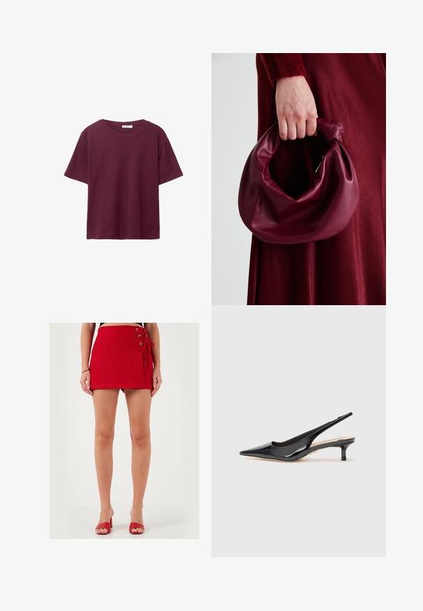 T-shirt bordeaux a maniche corte realizzato in morbido cotone. Presenta un classico scollo rotondo e una vestibilità rilassata. Tessuto semplice, senza motivi né accenti.; Gonna mini rossa realizzata in tessuto morbido, con dettagli laterali di laccio con occhielli metallici. Taglio dritto e texture liscia, indossata con sandali con tacco rossi.; Tacco slingback in vernice nera con punta appuntita e tacco sottile di altezza media. Texture liscia con elementi di design minimalisti.; Borsa in pelle bordeaux con un design morbido e arricciato e una forma arrotondata. Il manico è fissato, mostrando una texture liscia.