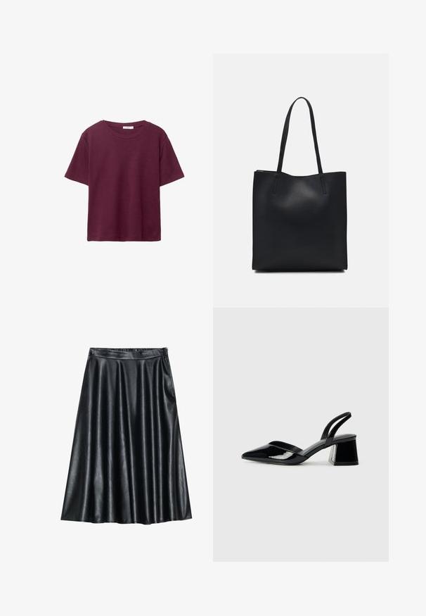 Bordowa koszulka z krótkim rękawem wykonana z miękkiej bawełny. Posiada klasyczny okrągły dekolt i luźny krój. Gładka tekstura, bez wzorów ani akcentów.; Czarna spódnica A-linia z faux skórki o gładkiej, błyszczącej fakturze, z plisowanym wzorem i elastycznym pasem dla wygody.; Czarne lakierowane półbuty na obcasie z wydłużonym noskiem i geometrycznym słupkiem. Charakteryzują się eleganckim, minimalistycznym designem oraz gładką fakturą.; Czarna skórzana torba tote o gładkiej fakturze, prostokątnym kształcie i dwóch długich uchwytach. Brak widocznych elementów metalowych i ozdób.