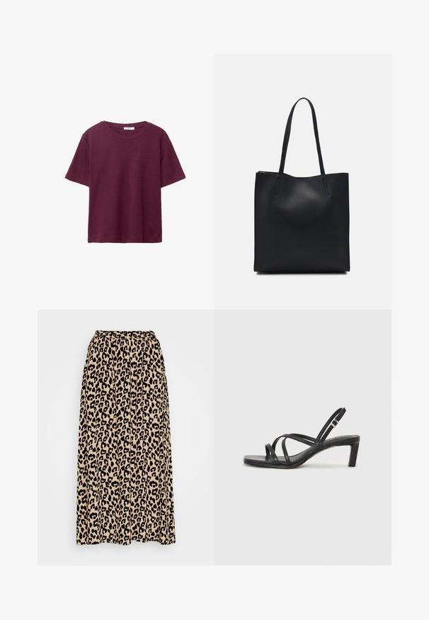 Bordeaux kortærmet T-shirt lavet af blødt bomuld. Har en klassisk rund halsudskæring og en afslappet pasform. Ensfarvet tekstur, ingen mønstre eller accenter.; Leopartrykt midi-nederdel i beige og sort. Har en elastisk talje og en plisseret design for øget bevægelse og pasform.; Sort remsandale med firkantet tå og en lav blokeret hæl. Har flere tynde stropper og en justerbar ankelrem. Fremstillet af glat læder.; Sort læder tote taske med glat tekstur, rektangulær form og to lange hanke. Ingen synlig hardware eller udsmykninger.