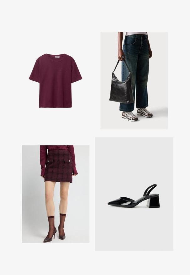 T-shirt bourgogne à manches courtes en coton doux. Présente un col rond classique et une coupe décontractée. Texture unie, sans motifs ni accents.; Mini-jupe en tweed bordeaux à motif à carreaux, dotée de deux poches avant et de boutons décoratifs. Portée avec des chaussettes en tulle bordeaux et des talons.; Escarpins en cuir verni noir avec bout pointu et talon bloc géométrique. Présente un design élégant et minimaliste ainsi qu'une texture lisse.; Sac à bandoulière en cuir noir avec une texture lisse et une bandoulière réglable, associé à un jean ample décoloré et des baskets de sport.