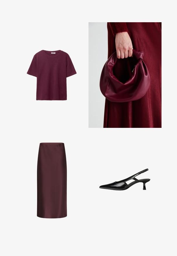 Bordowa koszulka z krótkim rękawem wykonana z miękkiej bawełny. Posiada klasyczny okrągły dekolt i luźny krój. Gładka tekstura, bez wzorów ani akcentów.; Burgundowa satynowa spódnica ołówkowa o gładkiej fakturze, średniej długości, dopasowana w sylwetce, z delikatnym połyskiem.; Czarne lakierowane czółenka na odkrytej pięcie z wąskim noskiem, z wykrojem po bokach i małym kwadratowym obcasem. Gładka faktura z minimalnymi akcentami.; Bordowa skórzana torebka o miękkim, marszczonym wyglądzie i zaokrąglonym kształcie. Uchwyt jest zabezpieczony, co podkreśla gładką fakturę.