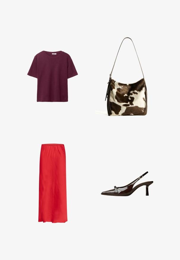 Bordowa koszulka z krótkim rękawem wykonana z miękkiej bawełny. Posiada klasyczny okrągły dekolt i luźny krój. Gładka tekstura, bez wzorów ani akcentów.; Czerwona maksiszka wykonana z lekkiej tkaniny, z elastycznym pasem i gładkim, swobodnym fasonem. Bez wzorów ani ozdób.; Brązowe lakierowane sandały z odkrytymi palcami, o spiczastym nosku, niskim obcasie i ozdobnym kokardkowym akcentem z przodu. Gładka, błyszcząca tekstura.; Torebka na ramię z brązowej i kremowej skóry bydlęcej, z gładkim skórzanym paskiem, zamknięciem na zamek oraz miękką, teksturowaną powierzchnią o naturalnym wzorze.