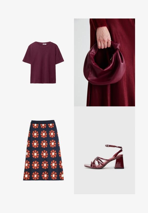 Burgundské tričko s krátkym rukávom vyrobené z jemnej bavlny. Má klasický okrúhly výstrih a voľný strih. Jednoduchá textúra, bez vzorov alebo akcentov.; Námornícko modrá A-line sukňa so striedajúcimi sa oranžovými geometrickými kvetinovými motívmi s bielymi stredmi a pevným pásom.; Patentné bordové sandále na podpätku so štvorcovou špičkou, s viacerými prepletenými pásikmi a masívnym blokovým podpätkom. Nastaviteľný pásik okolo členka.; Burgundská kožená kabelka s mäkkým, zhromaždeným dizajnom a zaobleným tvarom. Rukoväť je pevne zaisťujúca a vystavuje hladkú textúru.