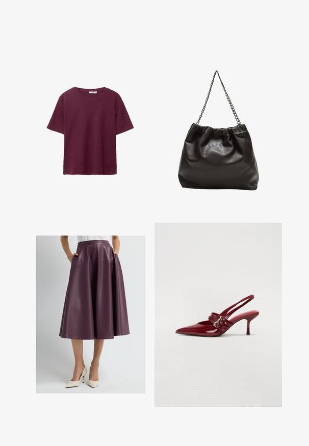 Burgundy lyhythihainen T-paita, joka on valmistettu pehmeästä puuvillasta. Siinä on klassinen pyöreä kaula-aukko ja rento istuvuus. Yksinkertainen pinta, ei kuvioita tai koristeita.; Nainen, joka on pukeutunut polven pituiseen tumman violettiin nahkahameeseen, jossa on taskut, ja valkoisiin kärkitossuihin, seisoo tasaisella taustalla.; Punaiset patenttalahkeet slingback-korkokengät, joissa on terävä kärki, kaksi solkiverkkoa ja kapea, keskipituinen stiletto-korko. Sileä pinta.; Ruskea nahkainen laukku, jossa on kerätty yläosa ja ketjuhihna. Tasainen pinta, jossa kiiltävä viimeistely ja hienovaraiset sauman yksityiskohdat sivuilla.