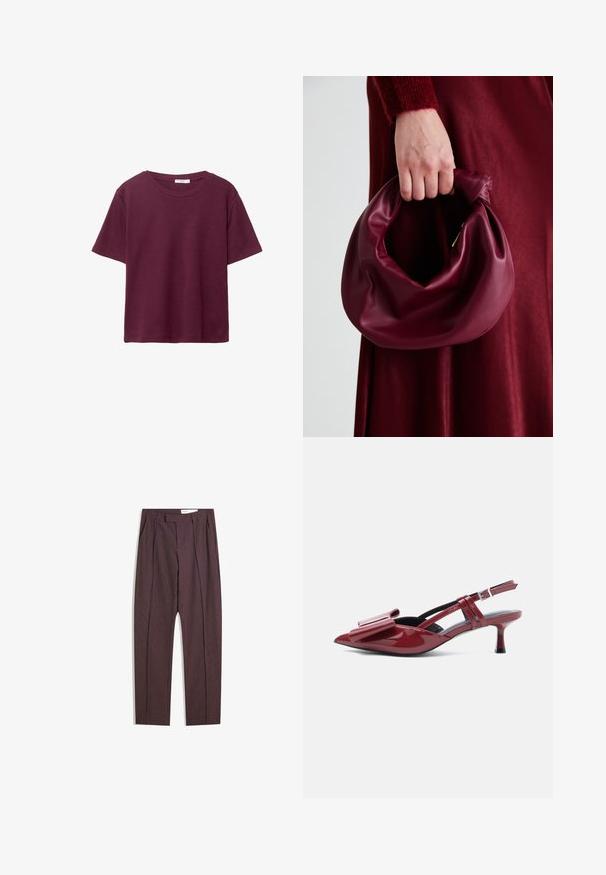 Burgundské tričko s krátkym rukávom vyrobené z jemnej bavlny. Má klasický okrúhly výstrih a voľný strih. Jednoduchá textúra, bez vzorov alebo akcentov.; Fialové pruhované nohavice s plisovaním, s vysokým pásom a rovnými nohavicami. Vyrobené z hladkej, textúrovanej tkaniny.; Červené lakované slingback kitten heel s špicatou špičkou a veľkou mašľou na vrchu na bielom pozadí.; Burgundská kožená kabelka s mäkkým, zhromaždeným dizajnom a zaobleným tvarom. Rukoväť je pevne zaisťujúca a vystavuje hladkú textúru.