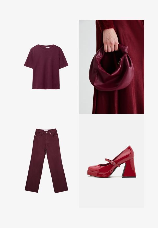 Burgundy short-sleeve T-shirt made of soft cotton. Features a classic round neckline and a relaxed fit. Plain texture, no patterns or accents.; Burgundy high-waisted jeans with straight leg design, featuring front pockets, a button closure, and copper-tone hardware accents.; Red patent leather Mary Jane high heel shoe with a round toe, platform front, buckle strap, and a sculpted block heel.; Burgundy leather handbag with a soft, gathered design and a rounded shape. The handle is secured, showcasing a smooth texture.