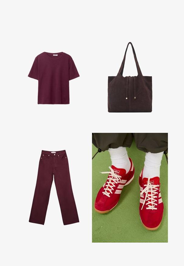 Burgundska majica s kratkim rukavima izrađena od mekanog pamuka. Ima klasičan okrugli izrez i ležeran kroj. Jednostavan materijal, bez uzoraka i akcenata.; Burgundske traperice visoki struk, ravnog kroja, s prednjim džepovima, gumbom za zatvaranje i akcentima od bakrenog tona.; Crvene nubuk i mrežaste atletske cipele s bijelim prugama i vezicama. Gumeni potplat. Nosi se s bijelim rebrastim čarapama na zelenoj teksturiranoj površini.; Mango Velika torba - dark brown