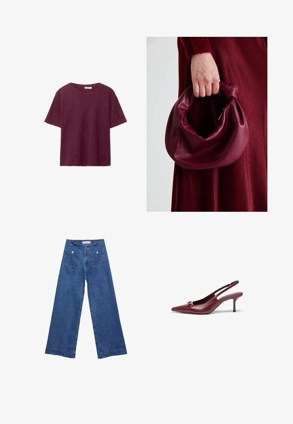 Bordo kratka majica z dolgimi rokavi iz mehkega bombaža. Ima klasičen krogec za vrat in sproščen kroj. Enostavna tekstura, brez vzorcev ali dodatkov.; Jeans širokih nogavic iz denima z medenim modrim pranjem, dvema sprednjima žepoma z gumbnimi zaprtji in šivanjem ob robovih.; Burgundske slingback petke s koničastim nosom, izdelane iz usnja. Imajo dekorativen poudarek na sprednjem delu in 7,5-centimetrsko peto.; Bordo usnjeni ročni torbici s mehak, nabrana zasnova in okrogla oblika. Ročaj je varen in prikazuje gladko teksturo.