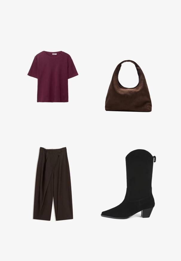 Burgundy short-sleeve T-shirt made of soft cotton. Features a classic round neckline and a relaxed fit. Plain texture, no patterns or accents.; Dark brown wide-leg trousers with a high waist, featuring a single button closure and a pleated front. Made from lightweight fabric.; Black suede cowboy boot with a pointed toe, a slight heel, and a scalloped top edge. Features minimal stitching and a rear pull tab.; Soft brown hobo-style handbag with a single wide strap and a curved top handle opening, displayed on a white background.