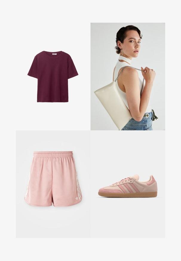 Burgundy kortärmad T-shirt i mjuk bomull. Har en klassisk rund halsringning och en avslappnad passform. Enfärgad, utan mönster eller detaljer.; Rosa sportshorts med resårmidja, vit sidostripning och en liten logotyp längst ner till vänster fram. Slät tygtextur.; adidas Originals SAMBA OG - Sneakers - quartz/mauve; Vitt rektangulärt clutch-väsk i glänsande material, med en kedjesnor i silver. Modellen poserar och visar upp väskan mot en neutral bakgrund.