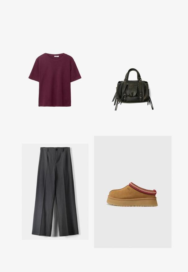 T-shirt bourgogne à manches courtes en coton doux. Présente un col rond classique et une coupe décontractée. Texture unie, sans motifs ni accents.; Pantalon large en tissu gris foncé, avec une fermeture à bouton, des plis avant et des passants de ceinture. Texture lisse avec un design ajusté.; Chaussure slip-on en daim marron avec un bord en rouge et crème à motifs, semelle texturée et logo UGG sur le côté. Présente une légère hauteur de plateforme.; Sac à main en cuir noir avec des poignées tressées, une poche zippée et des glands suspendus. Surface texturée avec des clous en métal et des accents en métal.