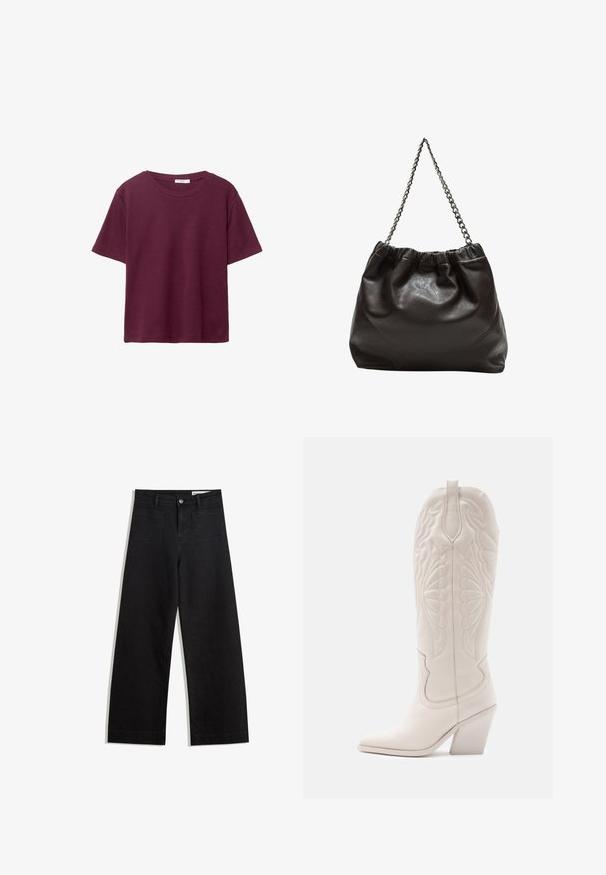 T-shirt bordeaux a maniche corte realizzato in morbido cotone. Presenta un classico scollo rotondo e una vestibilità rilassata. Tessuto semplice, senza motivi né accenti.; Pantaloni in denim neri a gamba larga con vita alta, dotati di tasche anteriori e posteriori, cuciture a punto, e chiusura con bottone. Texture liscia.; Stivale da cowboy in pelle bianca con punta a punta e tacco quadrato. Presenta eleganti motivi di cucitura sulla gamba e una texture liscia.; Borsa in pelle marrone con parte superiore arricciata e tracolla a catena. Texture liscia con finitura lucida e dettagli di cucitura sottili sui lati.