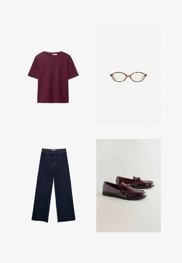 T-shirt bourgogne à manches courtes en coton doux. Présente un col rond classique et une coupe décontractée. Texture unie, sans motifs ni accents.; Pantalons en denim sombre à jambe large avec des coutures contrastantes, taille haute et coupe droite. Comprend des poches avant et une fermeture classique à boutons.; Mocassins en cuir verni bordeaux avec un bout arrondi, une sangle décorative et des détails de couture subtils. Semelle en caoutchouc noire.; Lunettes en écaille de tortue avec des verres ovales et une finition lisse et élégante. Présente des branches fines avec une courbure subtile au niveau des tempes. Verres transparents.