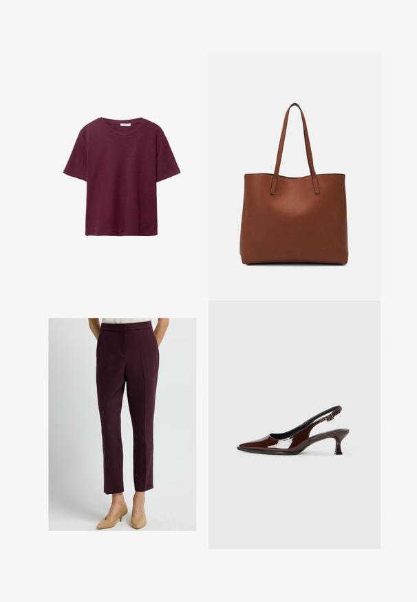Burgundy lyhythihainen T-paita, joka on valmistettu pehmeästä puuvillasta. Siinä on klassinen pyöreä kaula-aukko ja rento istuvuus. Yksinkertainen pinta, ei kuvioita tai koristeita.; Nainen pukeutuneena räätälöityihin viininpunaisiin nilkkapituisiin housuihin ja beigeihin matalakorkoisiin kärkitossuihin, seisoo yksinkertaista taustaa vasten.; Ruske patentin nahkalijatke sa špicastim nosom i umjerenom petom. Sadrže remen s kopčom za sigurno pristajanje. Glatka tekstura.; Ruskea nahkainen olkalaukku, jossa on sileä pinta, avoin yläosa ja kaksi olkahihnaa. Omaavat vain minimaalisen ompelun eikä näkyvää metalliosaa.
