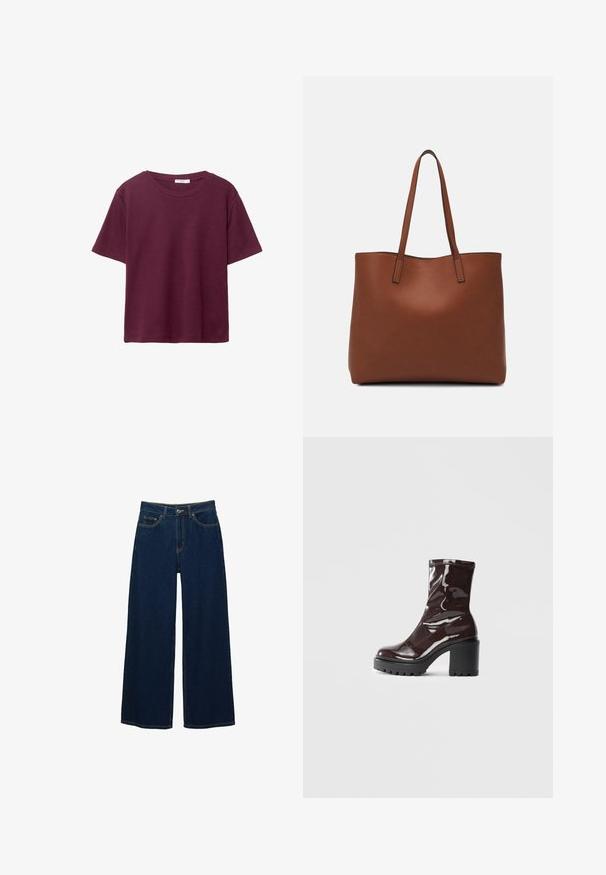 Burgundska majica s kratkim rukavima izrađena od mekanog pamuka. Ima klasičan okrugli izrez i ležeran kroj. Jednostavan materijal, bez uzoraka i akcenata.; Široke tamnoplave traperice od denima, s visokim strukom, kontrastnim šavovima, prednjim džepovima i zakopčavanjem na dugme i zatvarač.; Sjajna burgundska čizma do gležnja s debelim crnim potplatom, koja se odlikuje glatkom teksturom i jednostavnim dizajnom. Nema vidljivih kopčanja ili uzoraka.; Smeđa kožna torba preko ramena s glatkom teksturom, otvorenim vrhom i dvjema naramenicama. Ima minimalne šavove i nema vidljivog hardvera.