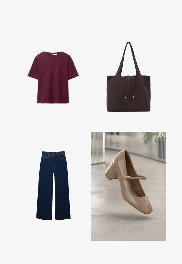 Burgundska majica s kratkim rukavima izrađena od mekanog pamuka. Ima klasičan okrugli izrez i ležeran kroj. Jednostavan materijal, bez uzoraka i akcenata.; Široke tamnoplave traperice od denima, s visokim strukom, kontrastnim šavovima, prednjim džepovima i zakopčavanjem na dugme i zatvarač.; Bež cipele Mary Jane s blok-petom i tankim remenom sa zlatnom kopčom, suspendirane iznad glatkog svijetlo sivoj poda u modernom interijeru.; Mango Velika torba - dark brown