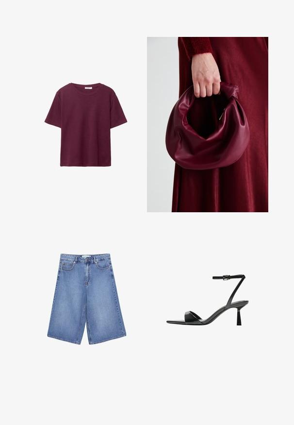Burgundy kortärmad T-shirt i mjuk bomull. Har en klassisk rund halsringning och en avslappnad passform. Enfärgad, utan mönster eller detaljer.; Jeansculotter i ljusblått med breda ben, har fem fickor, knäppning med knapp och diskreta blekningsdetaljer.; Bershka Sandaletter - black; Burgundy läderhandväska med en mjuk, samlad design och rundad form. Handtaget är säkrat och visar en slät yta.