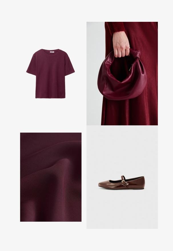 Burgundska majica s kratkim rukavima izrađena od mekanog pamuka. Ima klasičan okrugli izrez i ležeran kroj. Jednostavan materijal, bez uzoraka i akcenata.; Next ELASTICATED BACK WIDE REGULAR FIT - Hlače - burgundy red; Smeđe lakirane balerinke s kvadratnim vrhom i trakicom koja sadrži mali zlatni kopču. Glatka tekstura, niska potpetica i minimalistički dizajn.; Bordo kožni ruksač s mekim, naboranim dizajnom i zaobljenim oblikom. Ručka je sigurno pričvršćena, pokazujući glatku teksturu.