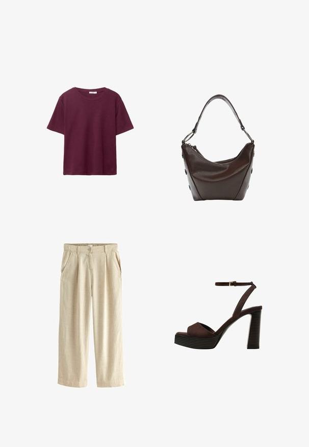 Burgundské tričko s krátkym rukávom vyrobené z jemnej bavlny. Má klasický okrúhly výstrih a voľný strih. Jednoduchá textúra, bez vzorov alebo akcentov.; Next BLEND WIDE LEG - Nohavice - natural; Hnedé semišové sandále na vysokom podpätku s otvorenou špičkou, nastaviteľným členkovým remienkom a pruhovanou platformovou podrážkou.; Tmavo hnedá kožená kabelka s zakriveným tvarom, so zipsom a krátkym uchom. Obsahuje kovové súčiastky a dekoratívne čierne gombíky na boku.
