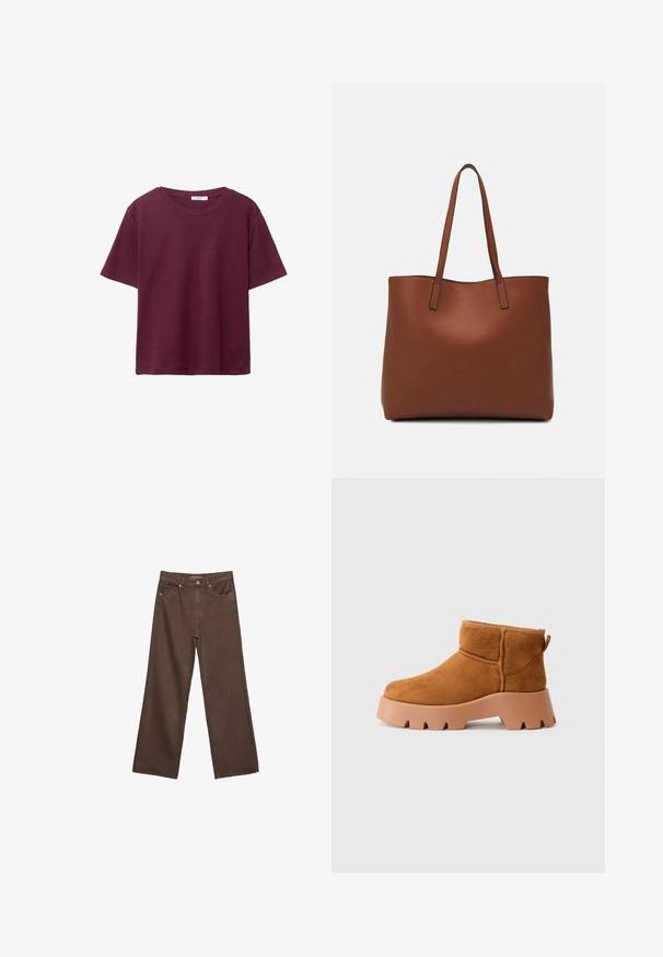 Bordo kratka majica z dolgimi rokavi iz mehkega bombaža. Ima klasičen krogec za vrat in sproščen kroj. Enostavna tekstura, brez vzorcev ali dodatkov.; Široke rjave kavbojke iz denima, ki imajo visok pas, sprednje žepe in klasično zapiranje na gumb. Gladka tekstura s subtilnim šivom.; Bež nubuk gležnjarji z zaobljenim prstom, teksturirano rjavo podplato in zanko za zatezanje. Imajo šivano šiv in močno platformo.; Rjava usnjena torba z gladko teksturo, odprto zasnovo zgoraj in dvema naramnima trakovoma. Opremljena je z minimalnim šivanjem in brez vidnih kovinskih delov.