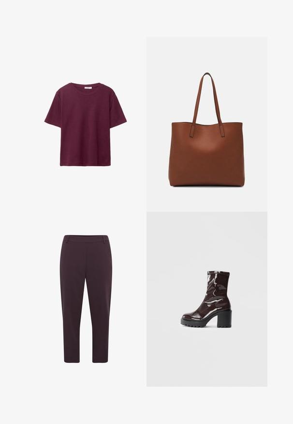 Bordeaux kortærmet T-shirt lavet af blødt bomuld. Har en klassisk rund halsudskæring og en afslappet pasform. Ensfarvet tekstur, ingen mønstre eller accenter.; Mørkelilla bukser med lige pasform, cropped længde og glat stof. Har en flad talje og ingen synlige lukninger.; Glatte burgunder ankelstøvler med en chunky sort hæl, der har en glat tekstur og et simpelt design. Ingen synlige lukninger eller mønstre.; Brun læder tote taske med en glat overflade, åben topdesign og to skulderremme. Har minimal syning og ingen synlig hardware.