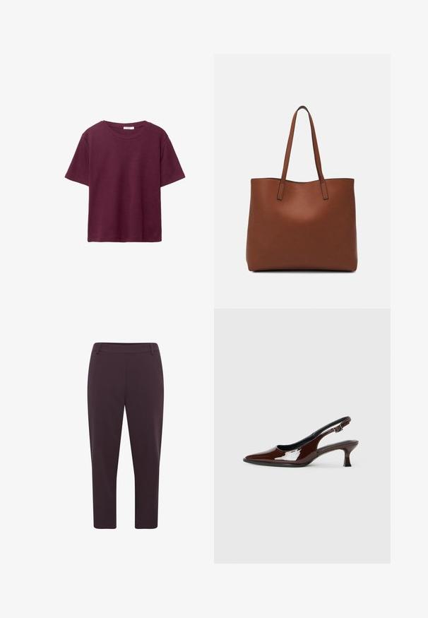 Bordo kratka majica z dolgimi rokavi iz mehkega bombaža. Ima klasičen krogec za vrat in sproščen kroj. Enostavna tekstura, brez vzorcev ali dodatkov.; Temno vijolične hlače ravnega kroja, skrajšane dolžine in gladkega materiala. Imajo ravno elastiko v pasu in brez vidnih zaponk.; Rjavi lakirani slingback čevelj z ostro konico in zmerno peto. Ima zaponko za varno prileganje. Gladka tekstura.; Rjava usnjena torba z gladko teksturo, odprto zasnovo zgoraj in dvema naramnima trakovoma. Opremljena je z minimalnim šivanjem in brez vidnih kovinskih delov.