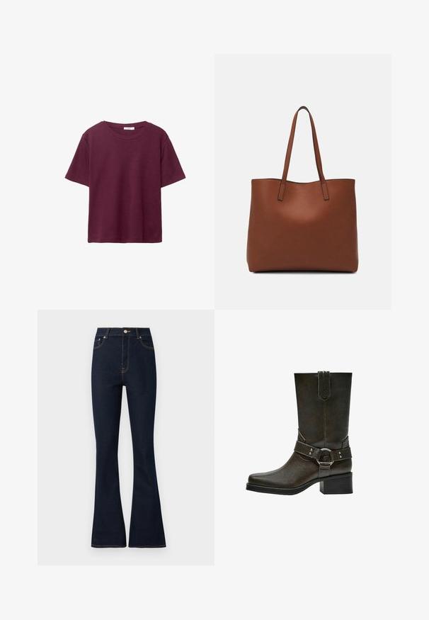 Burgundské tričko s krátkym rukávom vyrobené z jemnej bavlny. Má klasický okrúhly výstrih a voľný strih. Jednoduchá textúra, bez vzorov alebo akcentov.; Tmavomodré denimové široké nohavice s vysokým pásom, so zlatým stehom, prednými vreckami a uzatváraním na kovový gombík.; Hnedá kožená členková obuv so štvorcovým špičkou, krátkym blokovým podpätkom a dekoratívnym remienkom s prackou a strieborným kováním. Hladká textúra, jednoduchý dizajn.; Hnedá kožená taška na rameno s hladkou textúrou, otvoreným vrchom a dvoma ramenými popruhmi. Má minimálne šitia a žiadne viditeľné kovania.