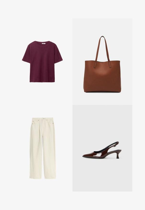 Burgunderfarbene Kurzarm-T-Shirt aus weicher Baumwolle. Mit einem klassischen Rundhalsausschnitt und einer lockeren Passform. Einfarbig, ohne Muster oder Akzente.; Helle cremefarbene, weit geschnittene Hose aus strukturiertem Stoff. Verfügt über einen Knopfverschluss, kupferfarbene Nieten und vier Taschen.; Braune Lackleder-Slingback-Schuhe mit spitzer Zehe und moderatem Absatz. Mit einem Schnallenriemen für einen sicheren Sitz. Glatte Textur.; Braune Leder-Tote mit glatter Textur, offenem Oberteil und zwei Schulterriemen. Verfügt über minimale Nähte und keine sichtbaren Beschläge.