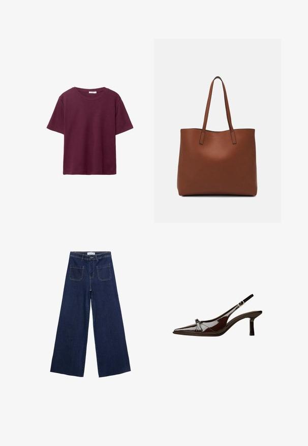 Bordowa koszulka z krótkim rękawem wykonana z miękkiej bawełny. Posiada klasyczny okrągły dekolt i luźny krój. Gładka tekstura, bez wzorów ani akcentów.; Szerokie dżinsy w ciemnoniebieskim kolorze, z wysokim stanem, czterema kieszeniami i widocznymi szwami. Gładka tekstura z klasycznym krojem.; Brązowe lakierowane sandały z odkrytymi palcami, o spiczastym nosku, niskim obcasie i ozdobnym kokardkowym akcentem z przodu. Gładka, błyszcząca tekstura.; Brązowa skórzana torba tote o gładkiej fakturze, z otwartym wierzchem i dwoma ramiączkami. Charakteryzuje się minimalnym przeszyciem i brakiem widocznych elementów metalowych.