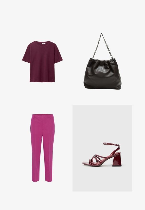 T-shirt bourgogne à manches courtes en coton doux. Présente un col rond classique et une coupe décontractée. Texture unie, sans motifs ni accents.; Kaffe KASAKURA - Chino - festival fuchsia; Sandales à talons en vernis bordeaux avec un bout carré, dotées de plusieurs brides entrelacées et d'un talon bloc épais. Bride de cheville ajustable.; Sac en cuir marron avec un haut froncé et une bandoulière en chaîne. Texture lisse avec une finition brillante et des coutures subtiles sur les côtés.