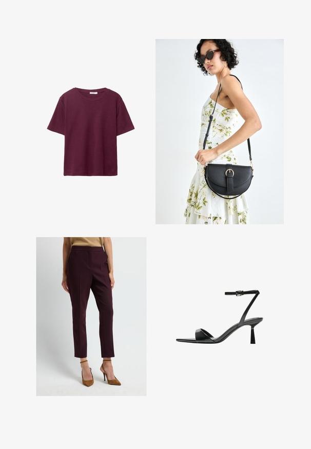 Vínová krátkosrstá trička vyrobené z měkké bavlny. Má klasický kulatý výstřih a volný střih. Hladký povrch, bez vzorů nebo akcentů.; Burgundské kalhoty na míru s detaily záhybů, po kotníky, s vysokým pasem, doplněné béžovými vysokými podpatky. Hladká, strukturovaná tkanina.; Bershka Sandály na vysokém podpatku - black; Černá kožená kabelka s křivkovým tvarem, odnímatelným popruhem a zlatými detaily. Kabelka má klopu s přezkou.