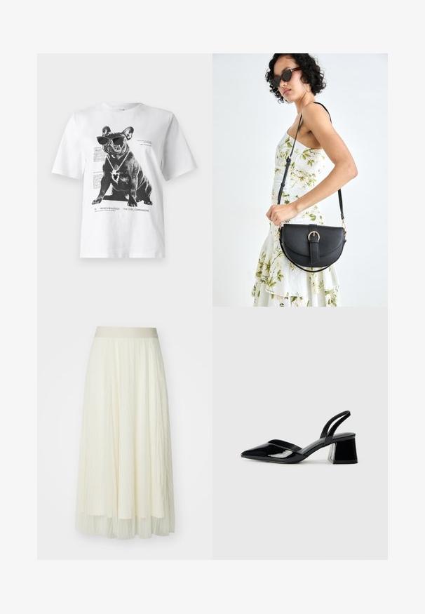 Hvit grafisk t-skjorte med en svart fransk bulldog som har solbriller og et hjerteformet halskjede, med trykt tekst og design detaljer.; Plissett midiskjørt i lys krem med bred elastisk liv; gjennomsiktig tekstur med subtile vertikale linjer, flytende design og lagdelt finish.; Svarte patentlær slingback hæler med spiss tå og geometrisk blokk hæl. Har et stilrent, minimalistisk design og jevn tekstur.; Svart lærveske med en buet form, avtagbar stropp og gullbeslag. Vesken har et klaff med spenne-detall.