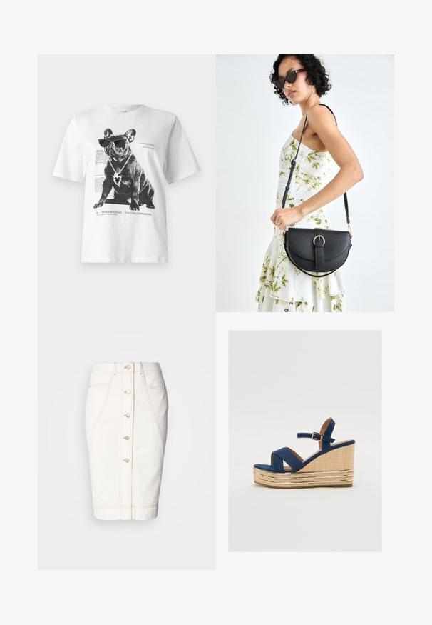 Bielo grafické tričko s potlačou, na ktorom je čierny francúzsky bulldog v slnečných okuliaroch a s náhrdelníkom v tvare srdca, spolu s potlačeným textom a dizajnovými detailmi.; Biely denim sukňa s predným zapínaním na gombík, viditeľným šitím a siluetou ceruzky. Žiadne viditeľné vrecká. Hladká textúra.; Námornícky modré sandále na klíne s prekríženými popruhmi, textúrovanou platformou z prírodných vlákien a zlatým kovovým akcentom na spodnej strane.; Čierna kožená kabelka s zaobleným tvarom, odnímateľným popruhom a zlatými doplnkami. Kabelka má klopu s detailom s prackou.