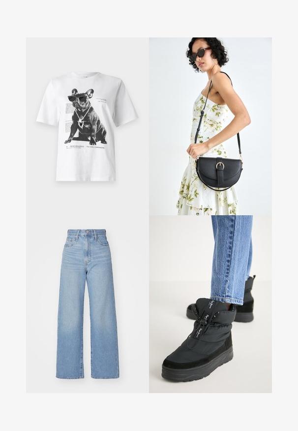 Camiseta gráfica blanca con un bulldog francés negro que lleva gafas de sol y un collar en forma de corazón, con texto impreso y detalles de diseño.; Jeans de tiro alto y pernera ancha en azul claro, con cierre frontal de botón y cremallera, y bolsillos delantero y trasero, sobre un fondo blanco.; Botas de estilo puffers en color negro con una superficie texturizada, que cuentan con un upper acolchado, cierre con cordones y una suela gruesa y resistente.; Bolso de piel negra con forma curva, correa desmontable y herrajes dorados. El bolso cuenta con una solapa con un detalle de hebilla.
