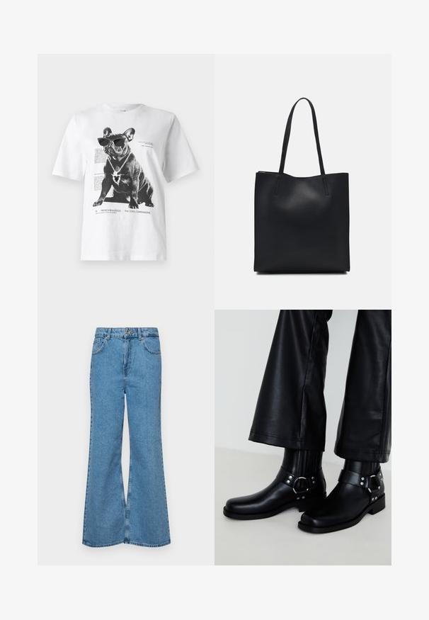 White graphic t-shirt featuring a black French bulldog wearing sunglasses and a heart-shaped necklace, with printed text and design details.; Light blue flared jeans made of denim, featuring a high waist, five pockets, and a single button closure. Soft texture with faded finish.; Black leather ankle boots with a rounded toe, featuring a decorative buckle and studs on the strap, and vertical ribbed detailing.; Black leather tote bag with smooth texture, rectangular shape, and two long handles. No visible hardware or embellishments.