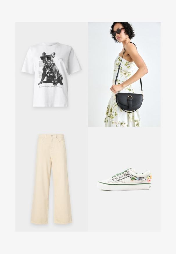 Fehér grafikai póló, fekete francia bulldoggal napszemüvegben és szív alakú nyaklánccal, nyomtatott szöveggel és dizájn részletekkel.; Bézs, széles lábú farmernadrág, pamutból készült. Gombos záródással, övhurkokkal és elülső zsebekkel rendelkezik, sima, puha tapintással.; Fehér vászon tornacipő zöld részletekkel és díszes medálokkal, texturált felülettel, lekerekített orral és vastag fehér talppal.; Fekete bőrtáska ívelt formával, levehető pánttal és arany színű fémrészekkel. A táskán egy csattal díszített fedél található.