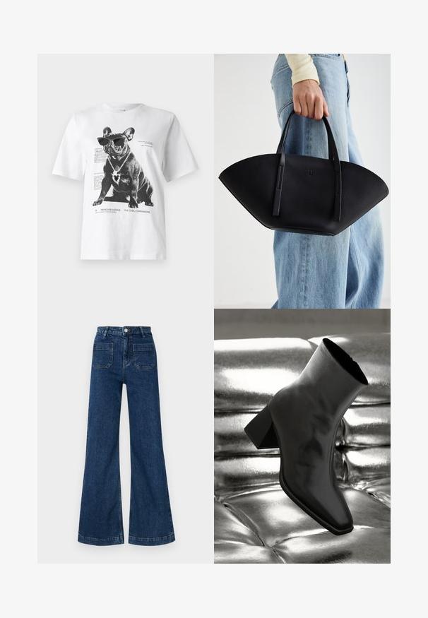 T-shirt gráfica branca com um bulldog francês preto a usar óculos de sol e um colar em forma de coração, com texto impresso e detalhes de design.; Jeans de ganga azul de perna larga com cintura alta, dois bolsos traseiros e fecho de botão. Apresenta uma textura clássica de lavagem em pedra.; Botim preto de tornozelo feito de material brilhante, com bico quadrado e salto afunilado, posicionado contra um fundo prateado brilhante com detalhes acolchoados.; Bolsa de mão em couro preto com uma forma única em leque, apresentando alças planas. A superfície tem uma textura pebble e um design minimalista.