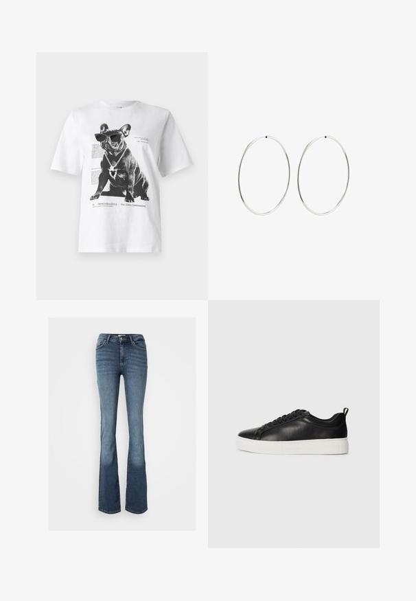 Biała koszulka z grafiką, przedstawiająca czarnego buldoga francuskiego w okularach przeciwsłonecznych oraz z sercowym naszyjnikiem, z nadrukowanym tekstem i detalami projektu.; Jeans bootcut wykonane z niebieskiego denimu. Posiadają średni stan, pięć kieszeni, subtelne przeszycia i lekko wyblakły wygląd nogawek.; Czarne niskie skórzane sneakersy z czarnymi sznurowadłami i grubą białą gumową podeszwą, widziane z zewnątrz na białym tle.; Srebrne kolczyki na kółku o gładkim, okrągłym kształcie i wypolerowanym wykończeniu. Są cienkie i lekkie, z prostym zapięciem.
