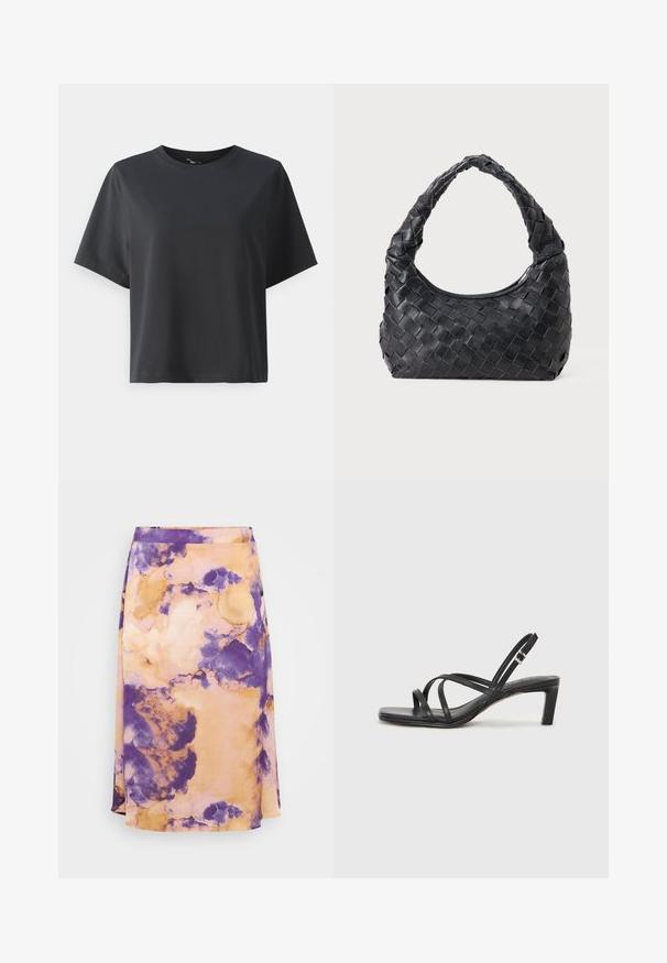 Fekete pamut póló, rövid ujjú, kerek nyakkivágású, laza szabású, sima textúrájú, egyszerű design, minta vagy kiegészítők nélkül.; Lila és narancs színű, batikolt midi szoknya puha anyagból, A-vonalú kivitelben, finom textúrával. Simító derékpánt és folyó formázás jellemzi.; Fekete pántos szandál négyzetes orral és alacsony blokk sarkal. Több vékony pánttal és állítható boka pánttal rendelkezik. Sima bőrből készült.; Fekete bőr, fonott válltáska lekerekített fogantyúval és hold alakú testéval egyszínű háttéren.