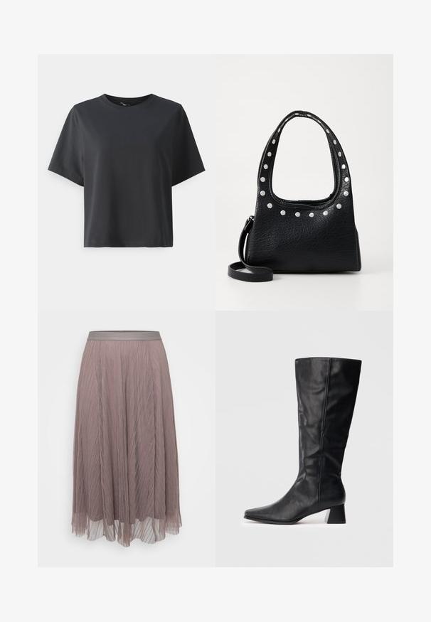 Tricou negru din bumbac, mâneci scurte, guler rotund, croială lejeră, textură netedă, design simplu, fără modele sau accente.; Fustă midi plissată în nuanța moale de mauve, cu un bandou din satin neted. Material ușor, fluid, cu linii verticale și straturi transparente.; Boot din piele neagră, până la jumătatea gambei, cu vârf ascuțit și toc pătrat, pe un fundal luminos simplu.; Geantă din piele texturată neagră, cu bolțuri argintii de-a lungul marginii superioare și a mânerei, având o mână scurtă și o curea detasabilă.